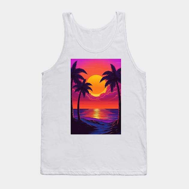 Illustration of an 80s Synthwave retro sunset with palm trees on the beach Tank Top by mikath